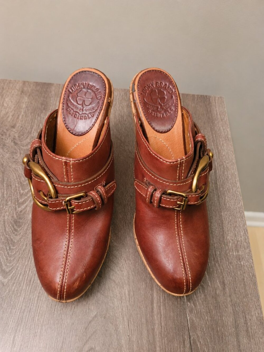 Lucky Brand Brown Leather Cork Wedge Mule Clogs Women's 8.5